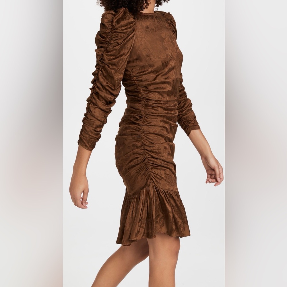 NWT ByTimo Jacquard Chocolate Brown Floral Ruched Ruffled Georgette Mini Dress - Picture 3 of 15